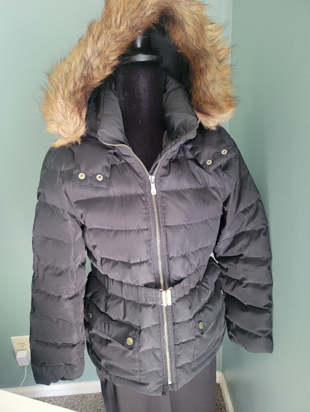 Big Kids Black Puffer Coat with Faux Fur Hood